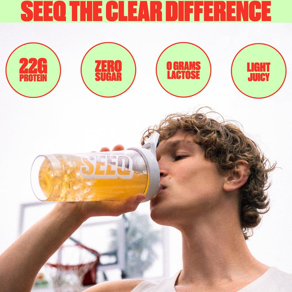 SEEQ Clear Whey Watermelon Wave scoop highlights quick mix in cold water.