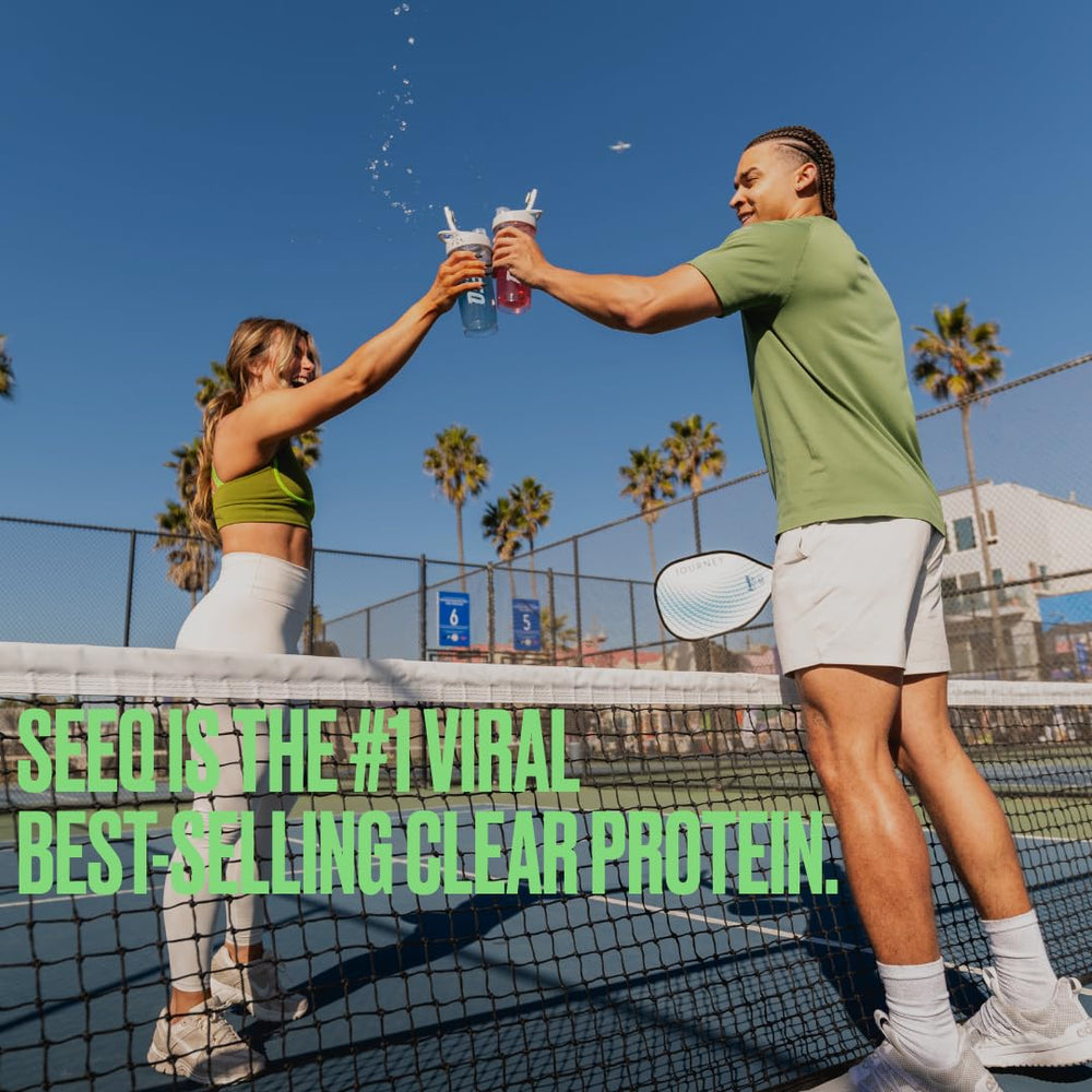 SEEQ Clear Whey Watermelon Wave tub with nutrition info underlines 22g protein.