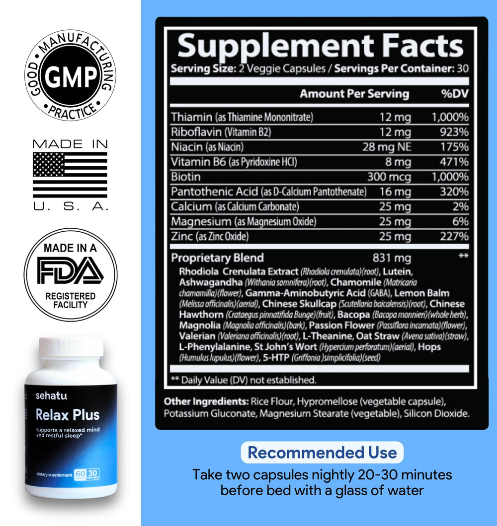 SEHATU Relax Plus ingredients label with GABA and Ashwagandha prominent