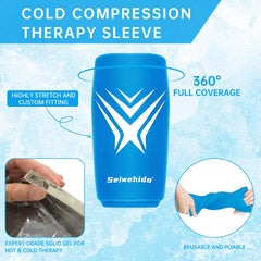 SEIWEHIDO knee-compression-wrap-in-use offers hands-free cold therapy.