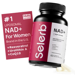 Selerb NAD+ for Women bottle highlights energy support and skin vitality.