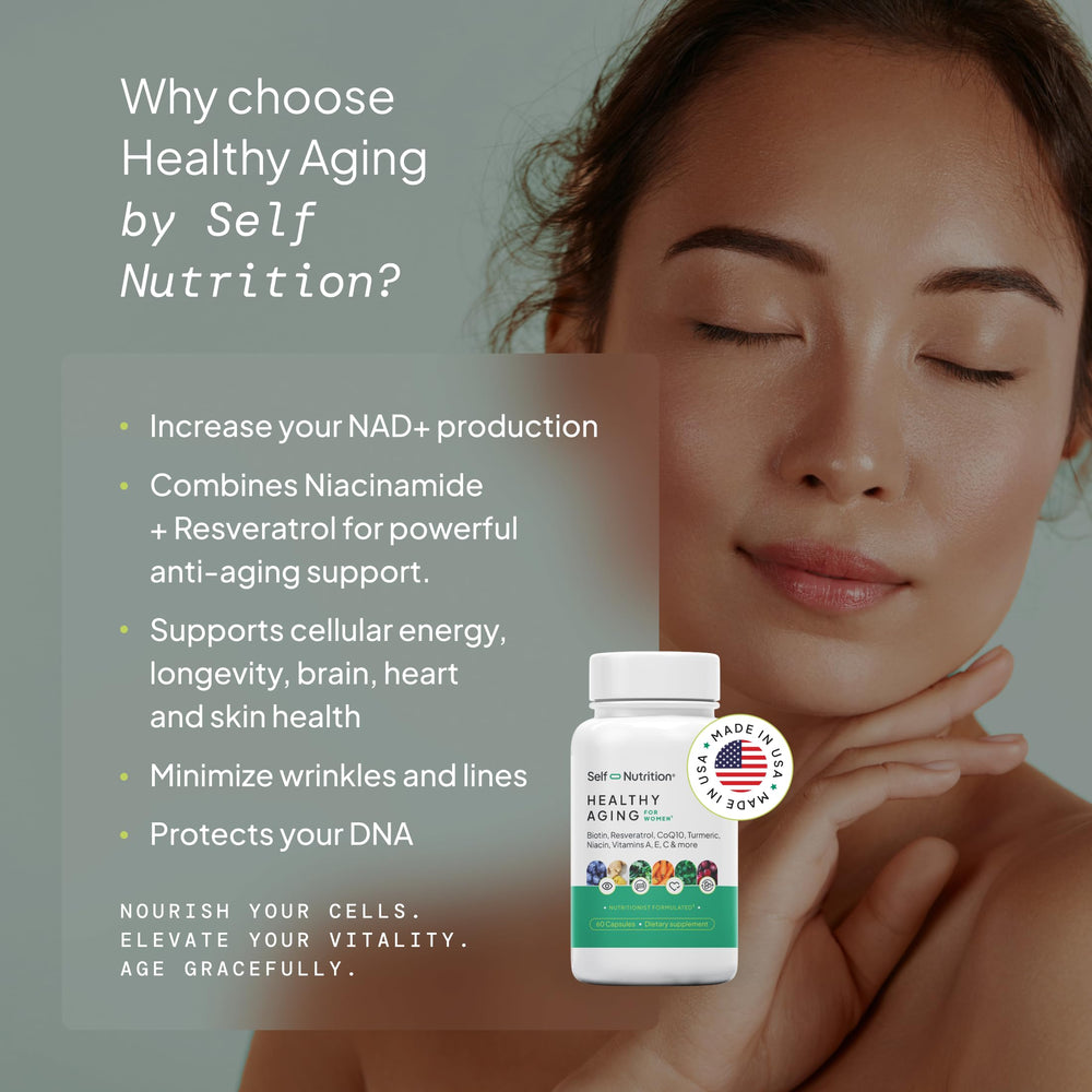 Self Nutrition Healthy Aging vegan symbol on bottle signals plant-based wellness option