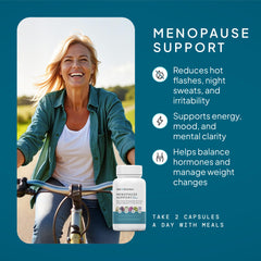 Self Nutrition Menopause capsules closeup highlights easy daily dosage.