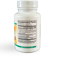SelfCare+ Nu-Zymes Plus label closeup with GMP and USA manufacturing assurance