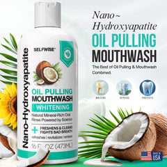 SelfWise mouthwash label closeup highlighting mint blend for fresh breath.
