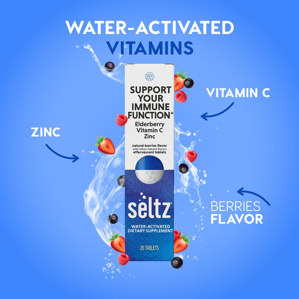 Seltz berry flavor effervescent tablet dissolving in water.