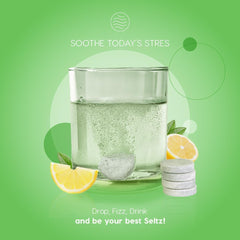 Seltz effervescent tablet fizzing in a glass beside the bottle.