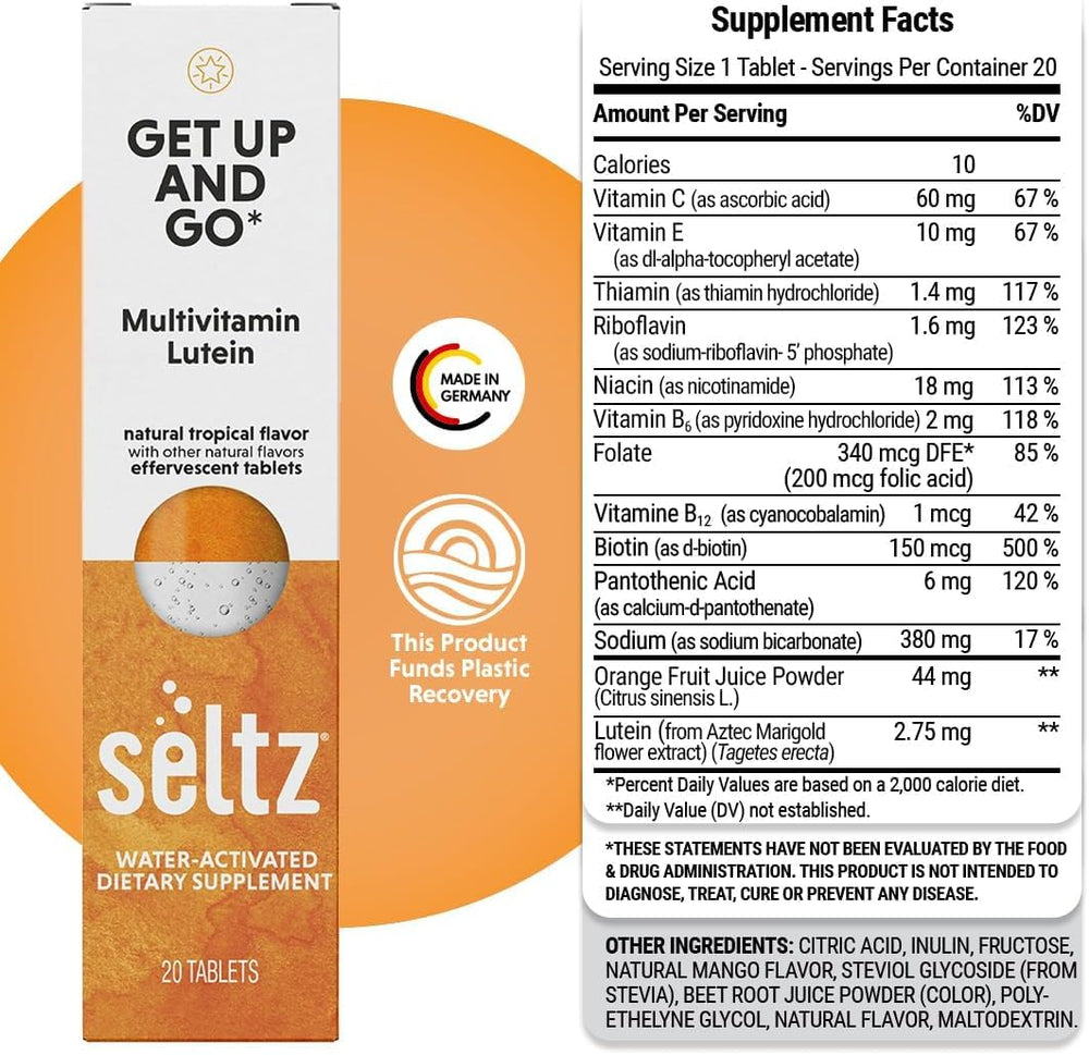 Label notes lutein and tropical flavor for Seltz Get Up and Go