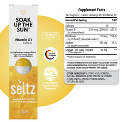 Seltz Soak Up The Sun packaging and 20-tablet blister pack in six-pack.