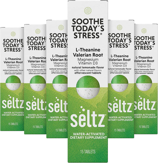 Seltz Soothe Today's Stress tablet dissolving in water for a refreshing daily boost.