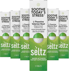 Seltz Soothe Today's Stress tablet dissolving in water for a refreshing daily boost.