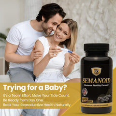 Semanoid bottle packaging showcased for premium reproductive health benefits.