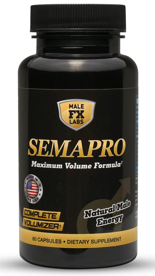 SEMAPRO bottle image showing a natural formula for energy support and semen health.