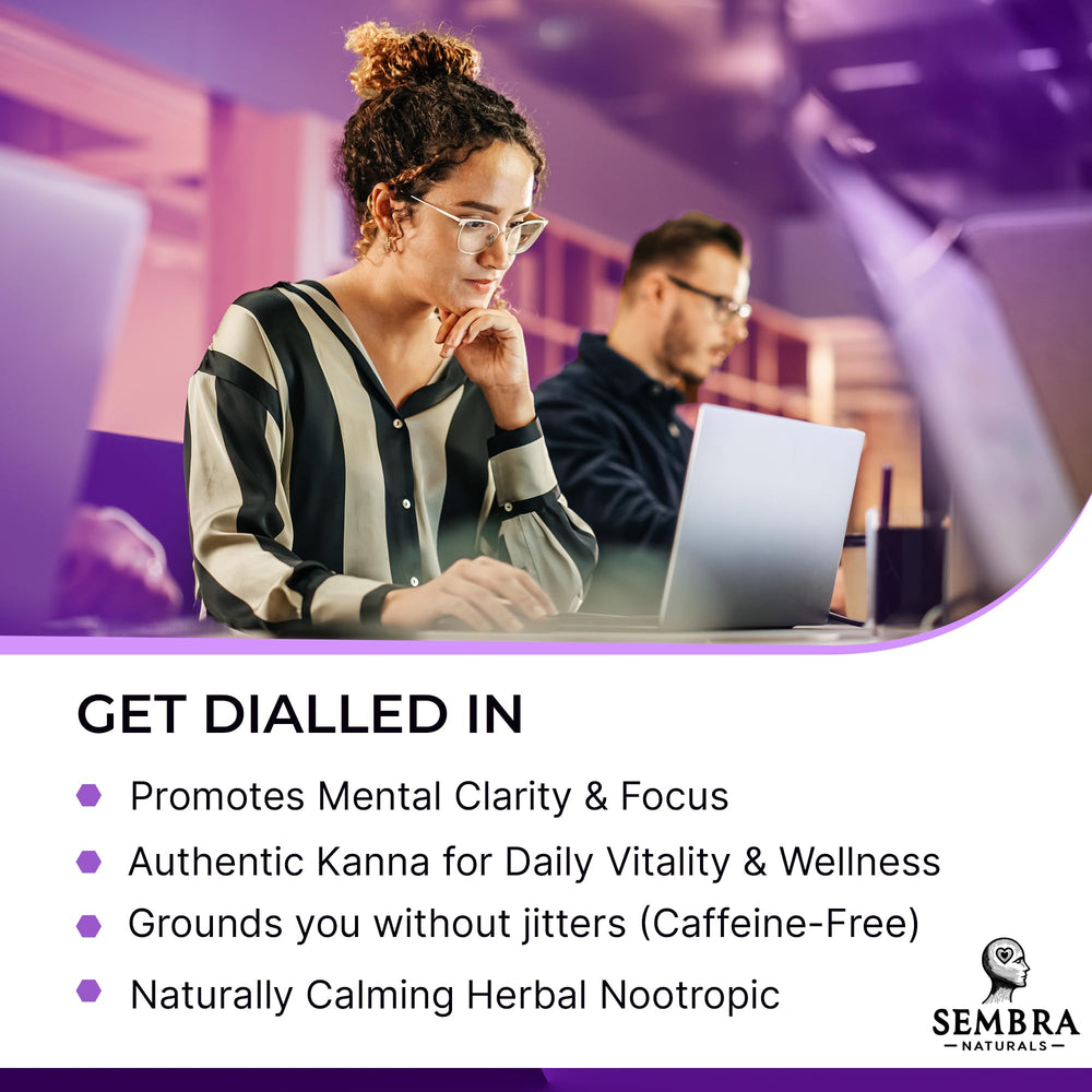 KannaFocus capsules close-up highlighting vegan, gluten-free formula for mood support.