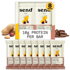 Send Bars Peanut Cacao Crunch bar pack shows real ingredients for on-the-go plant protein.
