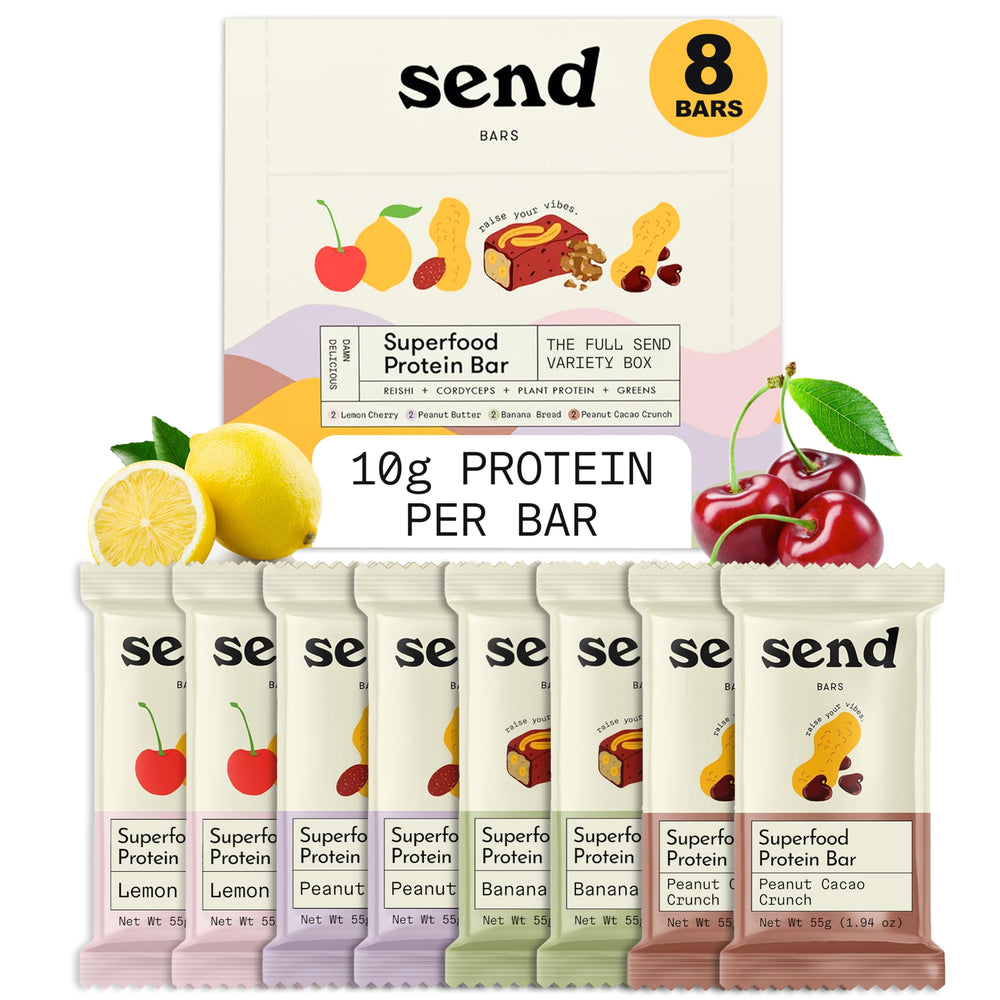 Send Bars variety pack front view for on-the-go plant-based protein
