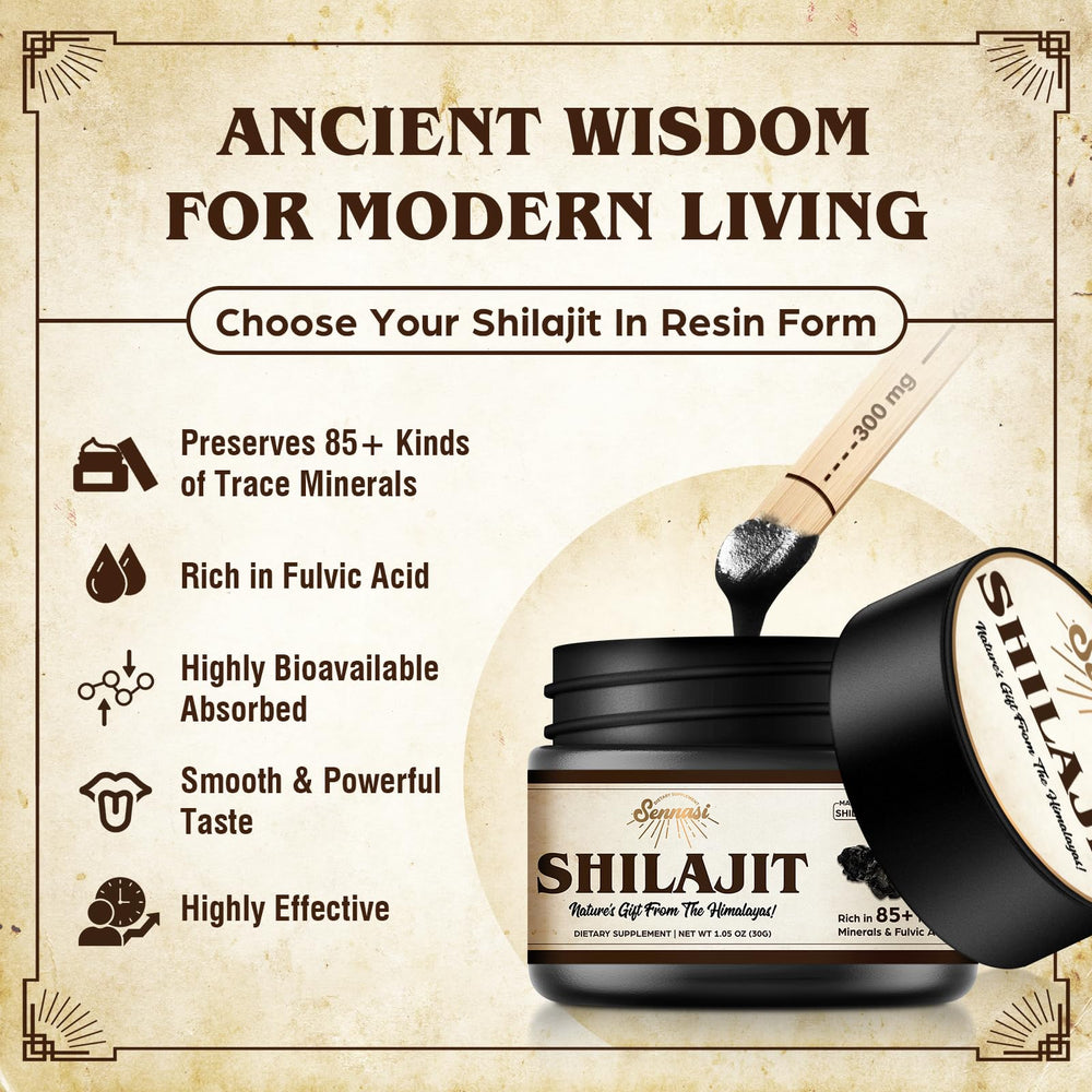 Sennasi Shilajit resin packaging glass bottle protects freshness and potency.