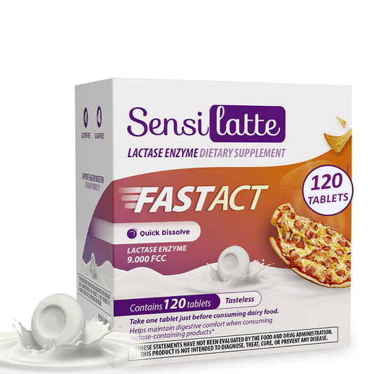 Sensilatte Lactase 120 tablets in packaging, no flavor, for comfortable dairy enjoyment.