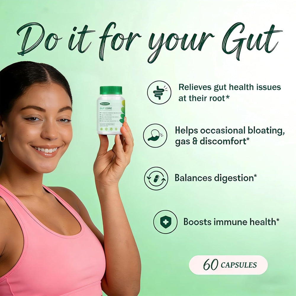 Sequente GutCore capsules close-up highlighting gentle, digestion-friendly formula.