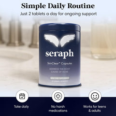 Seraph Acne Supplement packaging closeup underscores clean ingredients.