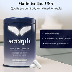 Seraph Acne Supplement tablets in bottle on white background.