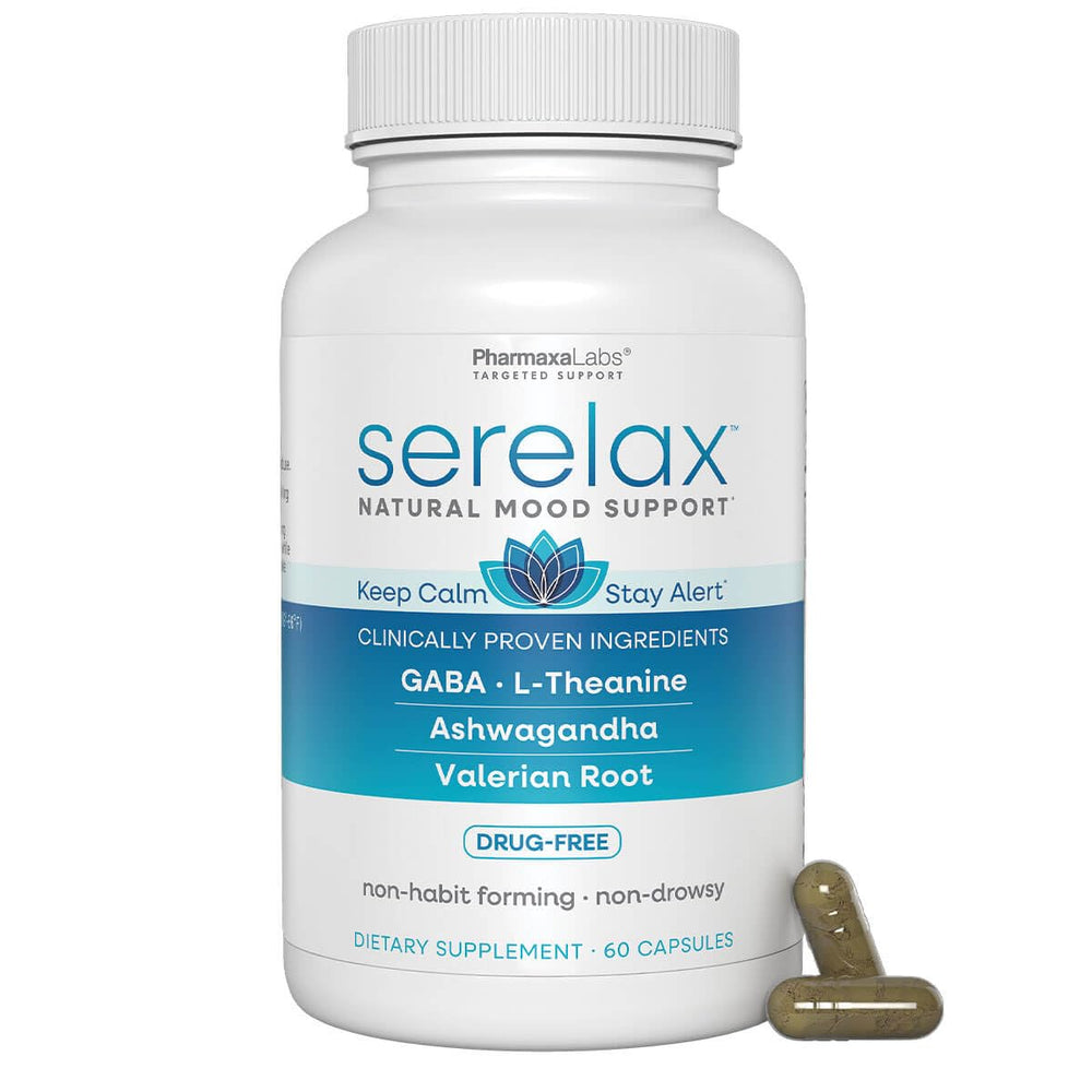 Serelax stress relief bottle with capsules for daily calm and focus.