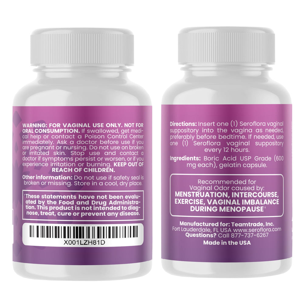 Seroflora boric acid bottle close-up showing pre-filled 600 mg capsules