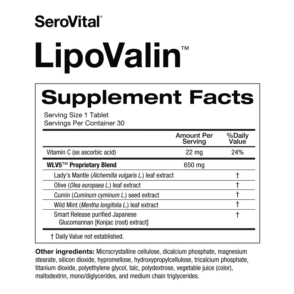 Serovital Lipovalin bottle beside healthy foods for balanced daily routine.