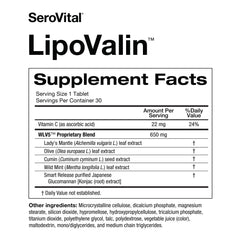 Serovital Lipovalin bottle beside healthy foods for balanced daily routine.