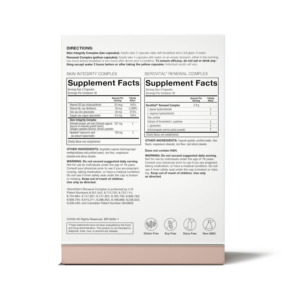 Serovital Skin Revive ingredients panel emphasizing hyaluronic acid and peptides.