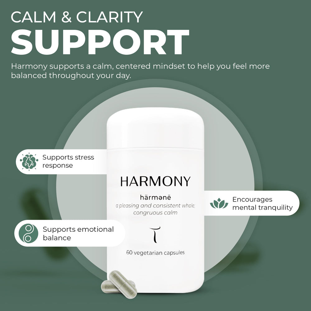 Setas Harmony label on bottle emphasizes organic formulation for stress relief and balance.