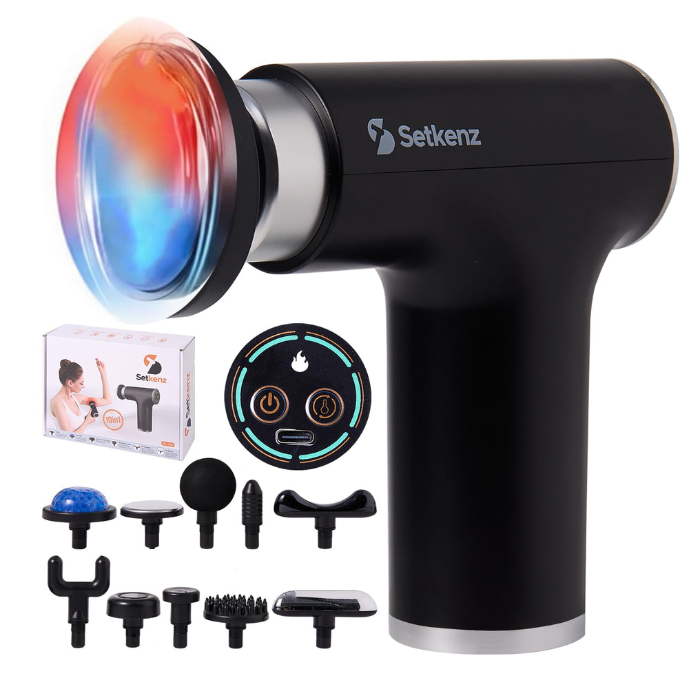 Setkenz massage gun with heat-cold head attached for targeted relief.