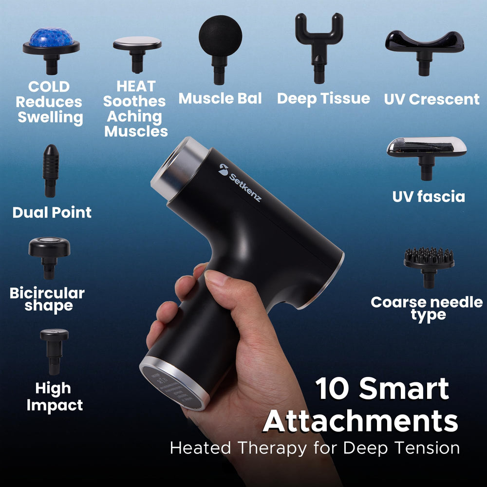 Setkenz massage gun in a compact travel case for portability.