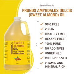 Seven Minerals Sweet Almond Oil label highlighting 100% natural, unrefined oil