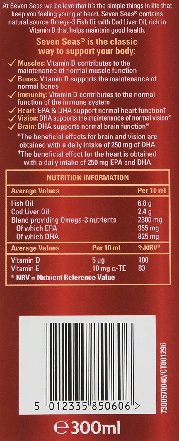 Seven Seas Cod Liver Oil 300ml packaging shot, emphasizing bottle size for regular use.