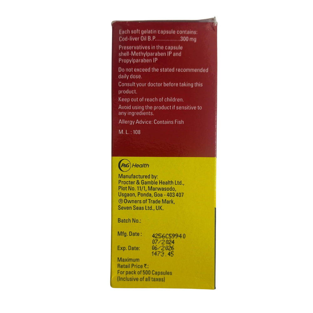 Seven Seas Cod Liver Oil bottle on shelf as a daily supplement.