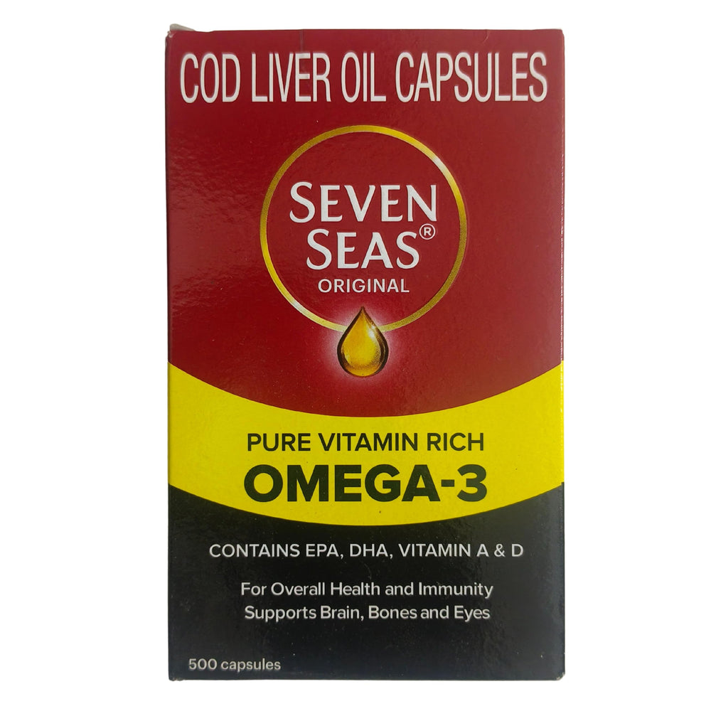 Seven Seas Cod Liver Oil capsules in pack for convenient daily use.