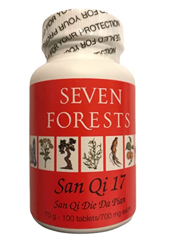 Seven Forests San Qi 17 tablets bottle pour shot showing dispensing action for post-injury care.