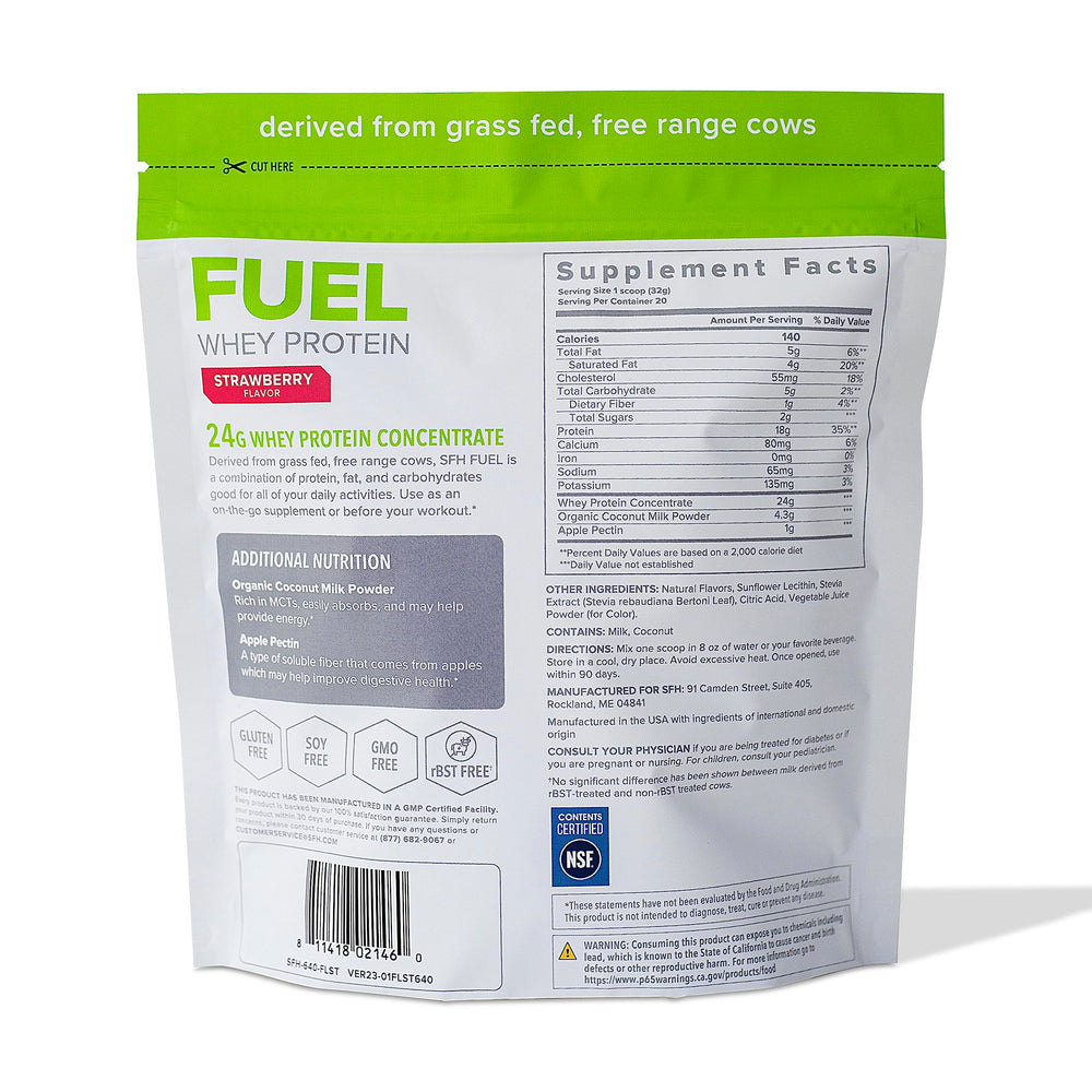 SFH Fuel strawberry bag ingredients panel, clean, natural formula.