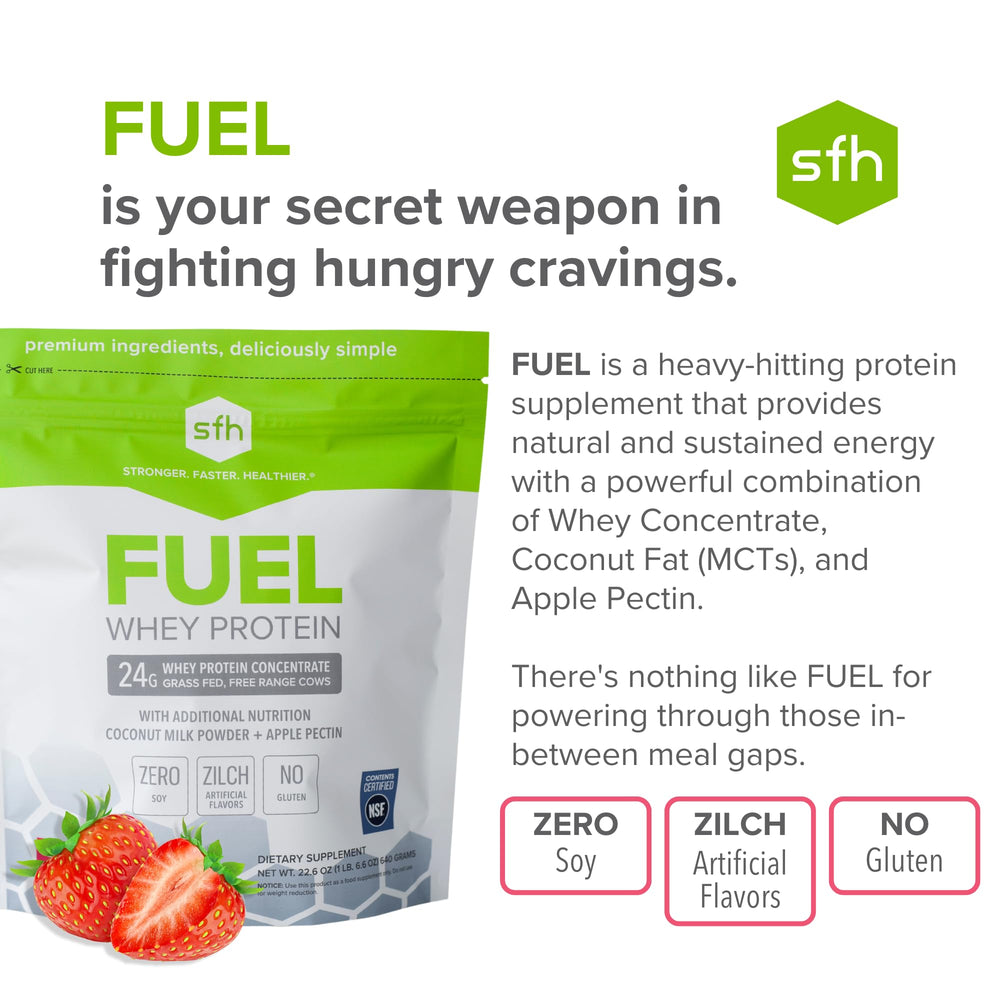 SFH Fuel strawberry powder close-up, emphasizing high-protein texture.