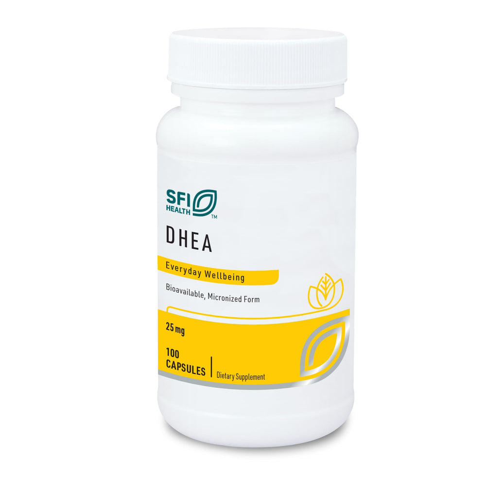 SFI Health DHEA 25mg bottle on shelf, easy daily use concept