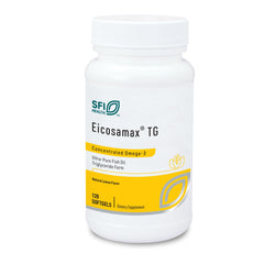 SFI Health Eicosamax TG softgel bottle with lemon flavor supports heart and brain function