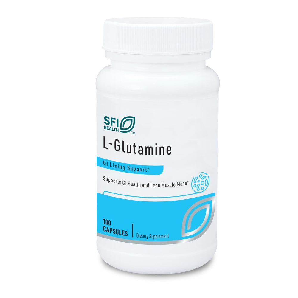 Klaire L-Glutamine bottle with 500 mg capsules for daily use.