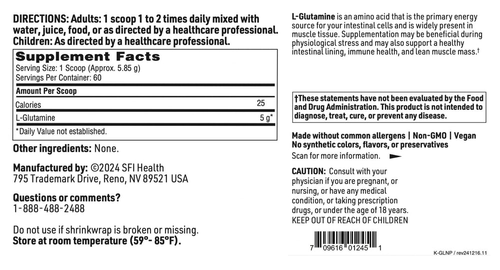 Scoop beside a glass of water to show mixing with Klaire L-Glutamine powder.
