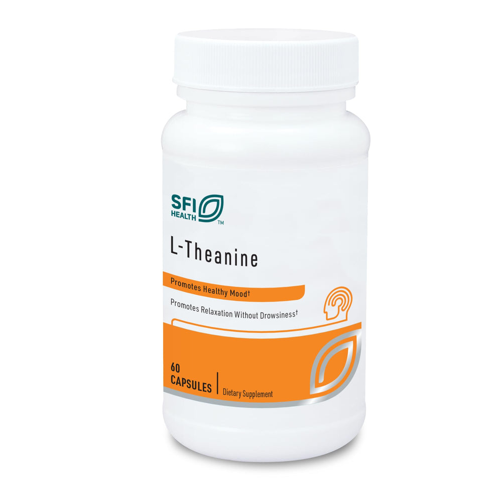 SFI Health Klaire L-Theanine capsules promote gentle calm focus and alertness support.