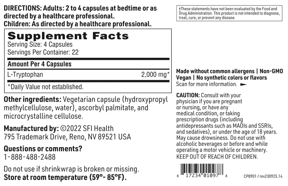 SFI Health Klaire L-Tryptophan label highlights allergen-free formula.
