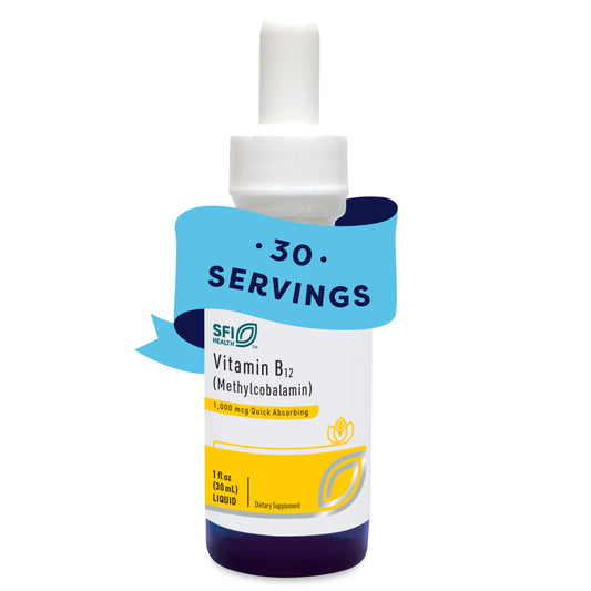 SFI Health Klaire Labs B12 liquid bottle with active methylcobalamin for absorption.