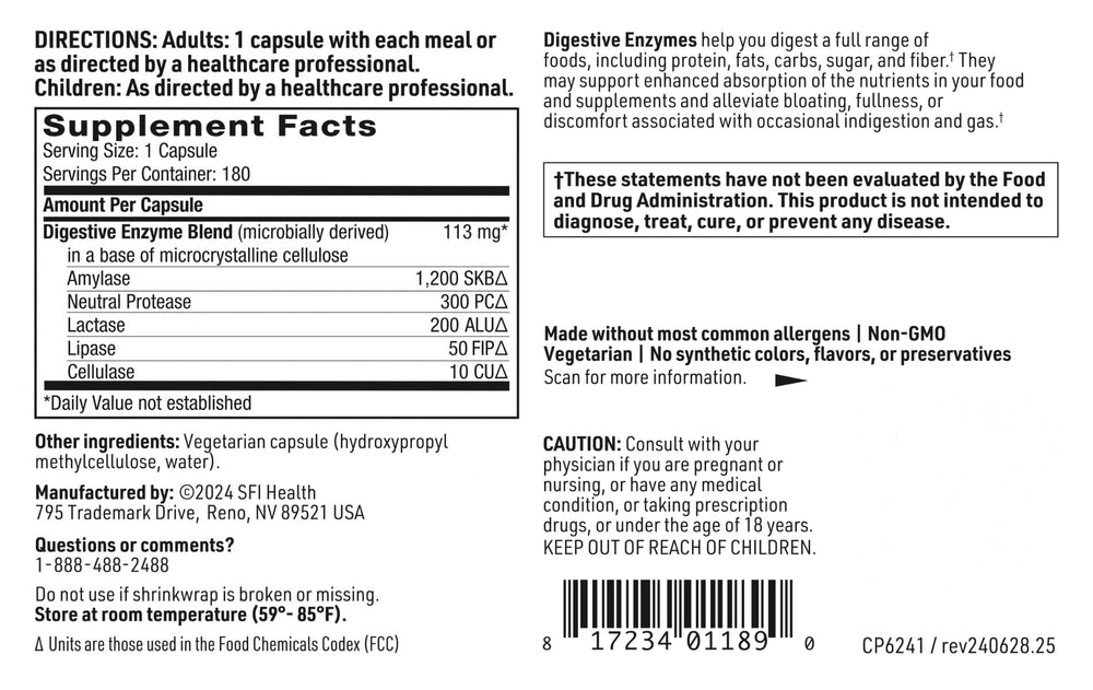 SFI Health Klaire Labs Digestive Enzymes capsules in hand suggest daily use