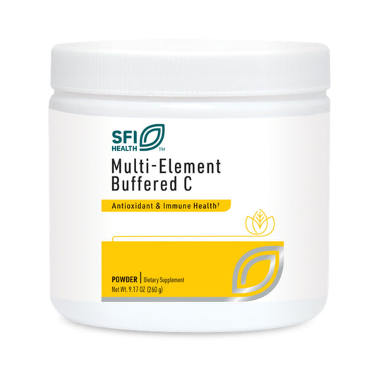 SFI Health Klaire Labs Buffered C bottle shows gentle stomach formula.