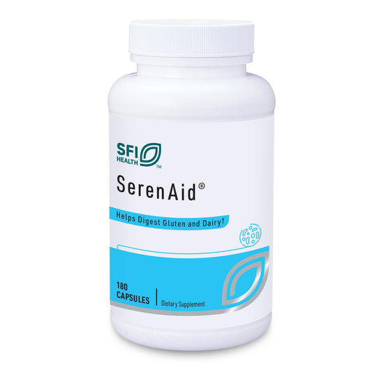SFI Health SerenAid bottle front view highlighting vegetarian enzyme blend for broad protein digestion